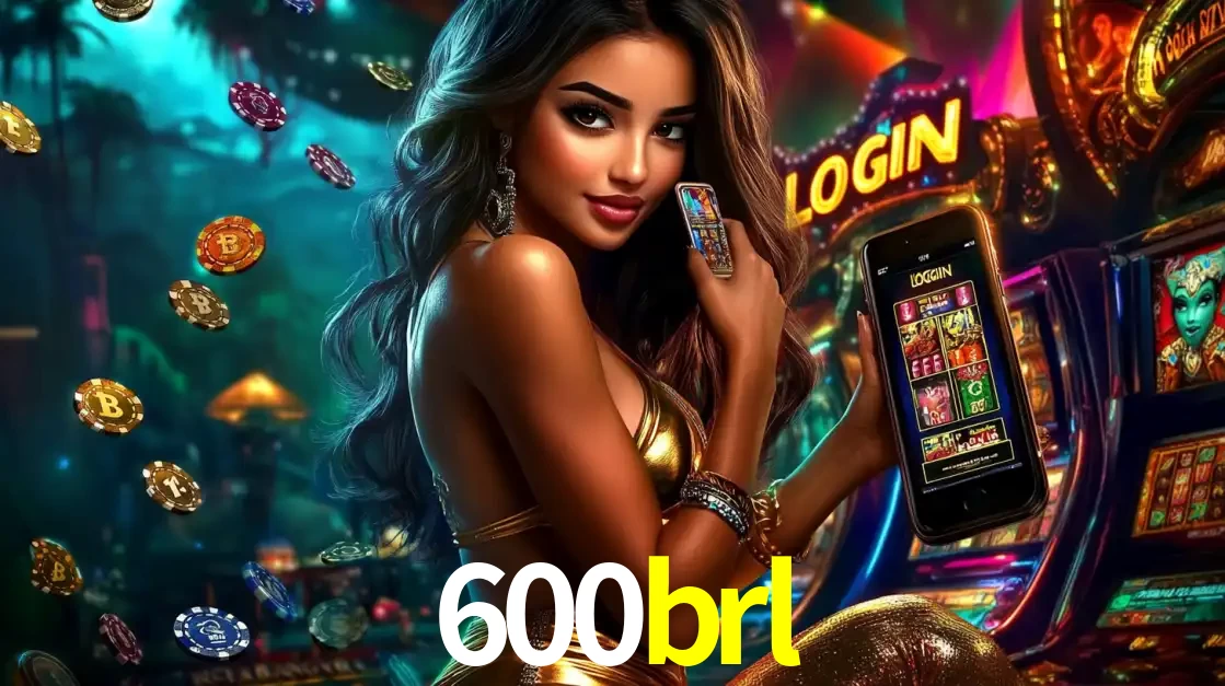 Mulher em um cenário de cassino temático de aventura, mostrando o app de caça-níqueis da 600brl no celular. Fichas de apostas flutuam ao redor.