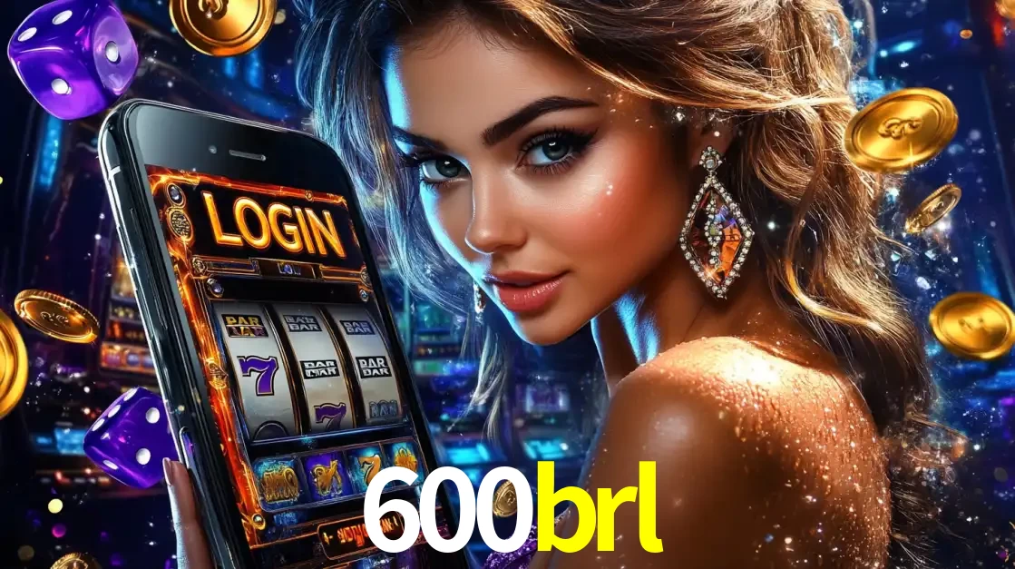 Mulher glamorosa segurando um smartphone com a tela de login para os jogos de caça-níqueis do cassino online 600brl, com moedas de ouro e dados ao redor.